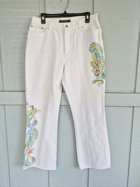 VTG Ralph Lauren White Wide-Leg Jeans with Colorful Paisley Design 12 Boho Fairy